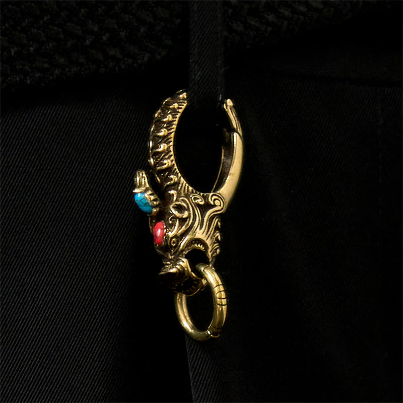 Intricate Dragon Head Snap Hook Brass Keychain - Image 3