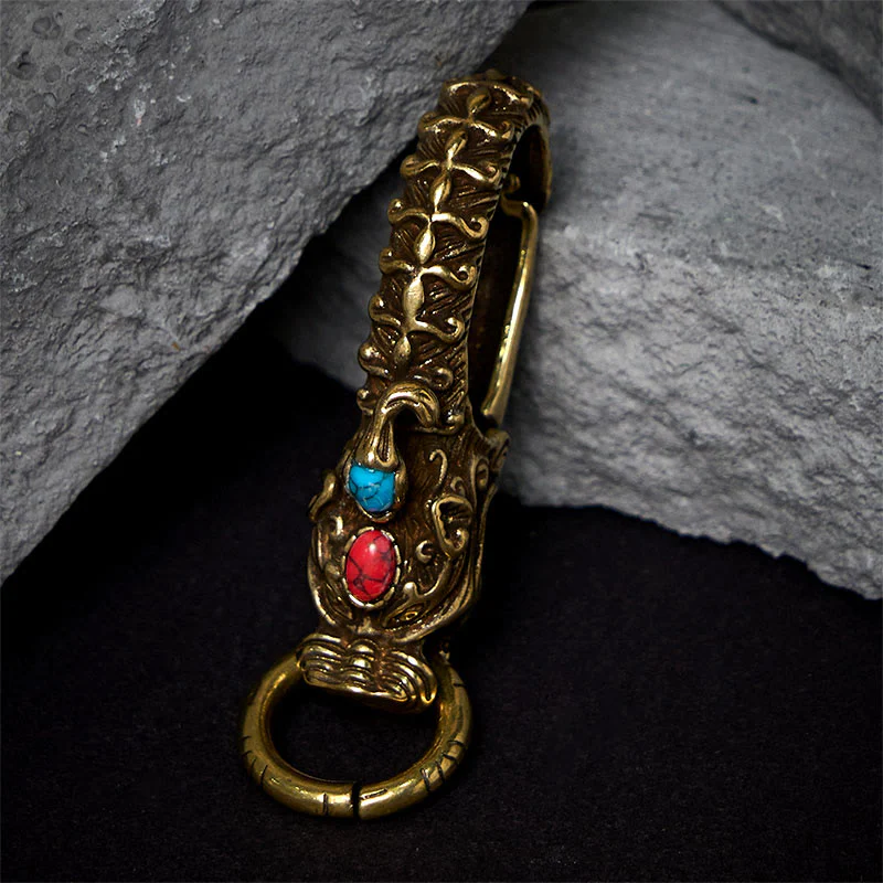 Intricate Dragon Head Snap Hook Brass Keychain - Image 4