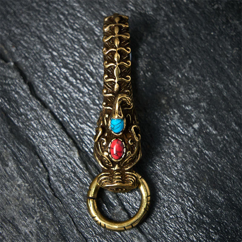 Intricate Dragon Head Snap Hook Brass Keychain - Image 5