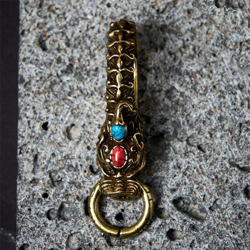 Intricate Dragon Head Snap Hook Brass Keychain - Image 6