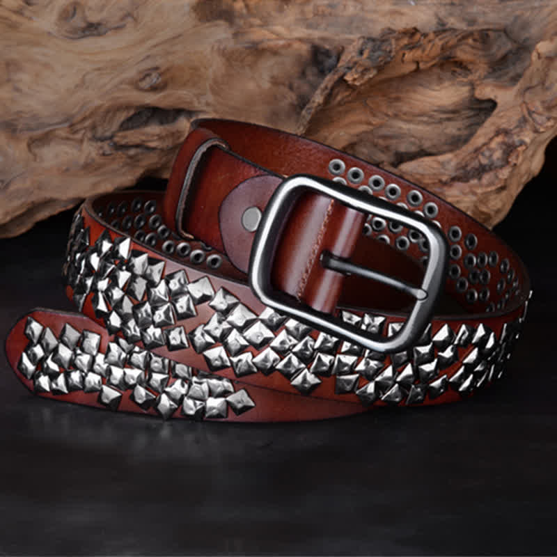 Irregular Arrangement Bright Pyramid Rivets Leather Belt - Image 3