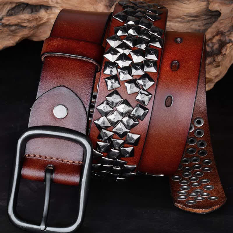Irregular Arrangement Bright Pyramid Rivets Leather Belt - Image 5