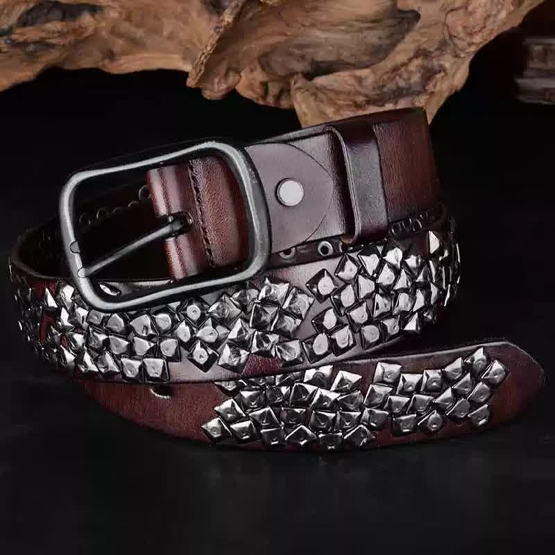 Irregular Arrangement Bright Pyramid Rivets Leather Belt - Image 6