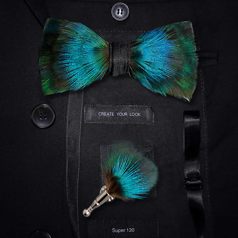 Kid's Aurora Blue & Green Feather Bow Tie with Lapel Pin