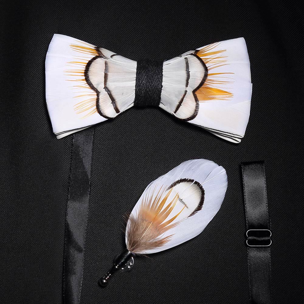 Kid's Beige Elegant Feather Bow Tie with Lapel Pin - Image 3