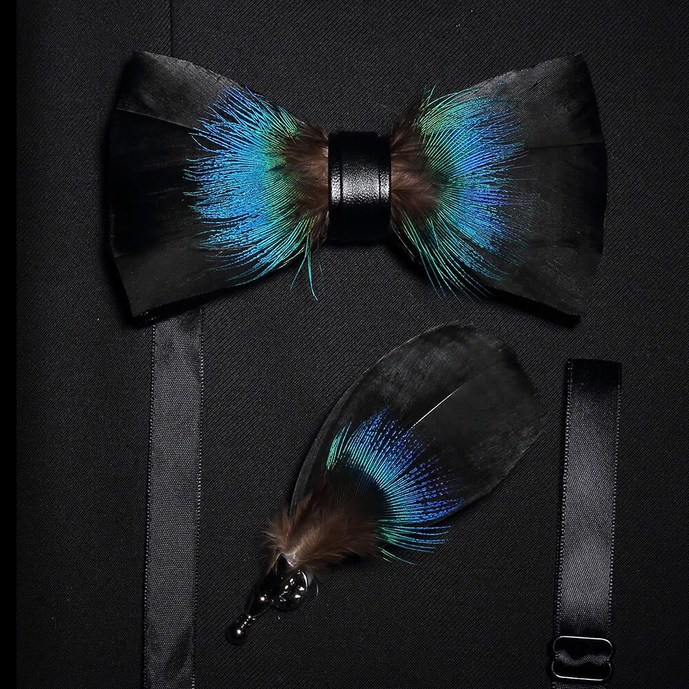 Kid's Black & Blue Versatile Feather Bow Tie with Lapel Pin - Image 2