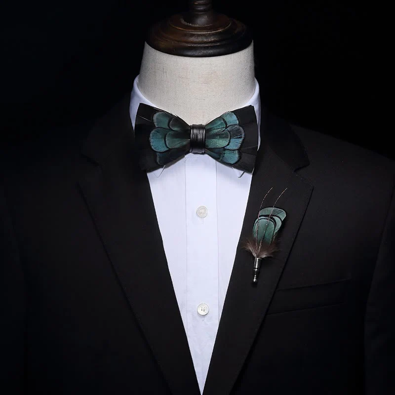 Kid's Black & Green Exquisite Feather Bow Tie with Lapel Pin - Image 4