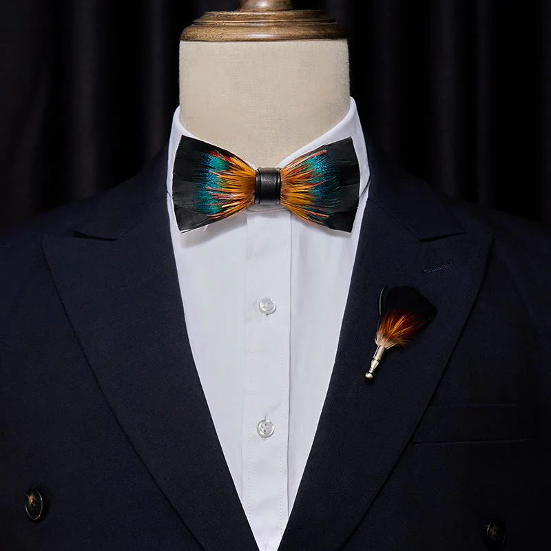 Kid's Black & Multicolored Blossom Feather Bow Tie with Lapel Pin - Image 2
