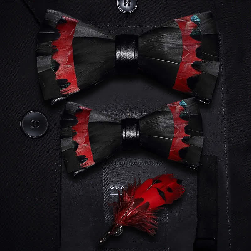 Kid's Black & Red Swan Feather Bow Tie with Lapel Pin - Image 6