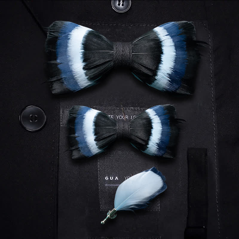 Kid's Black & Shade of Blue Feather Bow Tie with Lapel Pin - Image 4