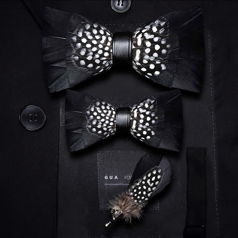 Kid's Black & White Dots Feather Bow Tie with Lapel Pin - Image 5