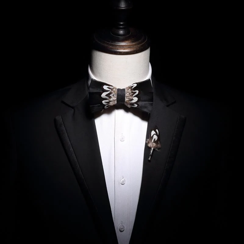 Kid's Black & White Pattern Feather Bow Tie with Lapel Pin - Image 4
