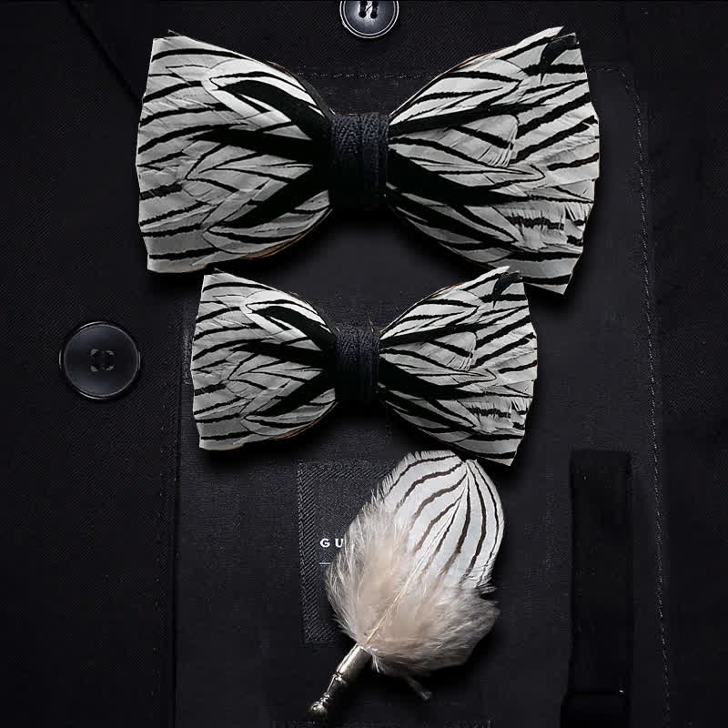 Kid's Black & White Zebra Stripe Feather Bow Tie with Lapel Pin - Image 4