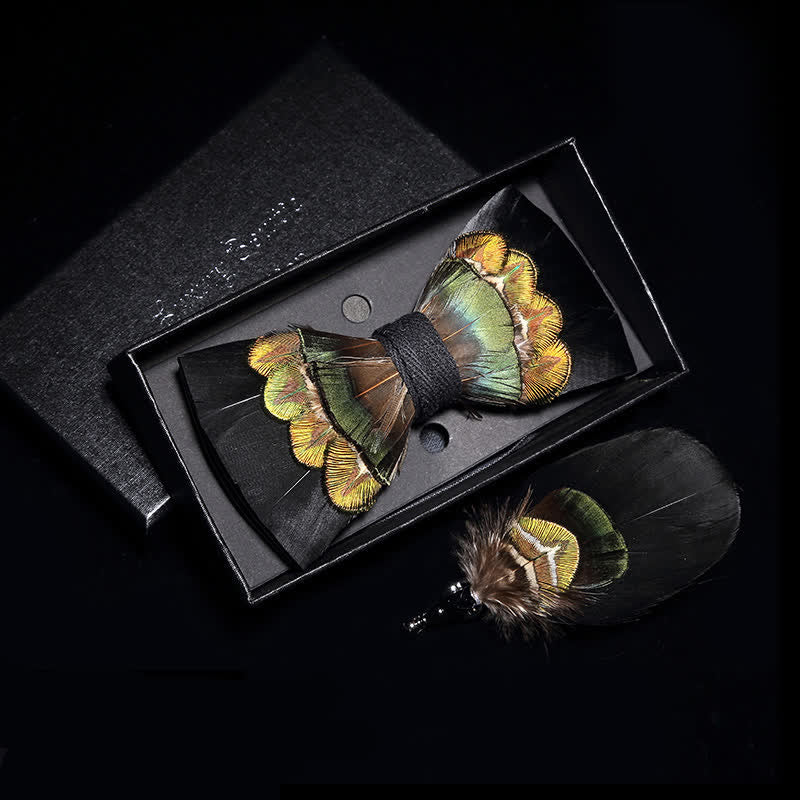 Kid's Black & Yellow-green Feather Bow Tie with Lapel Pin - Image 2