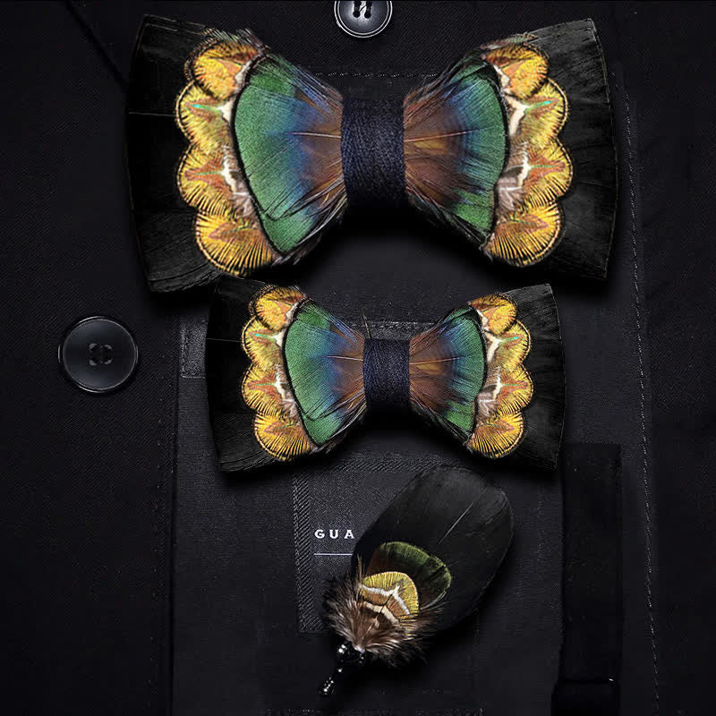 Kid's Black & Yellow-green Feather Bow Tie with Lapel Pin - Image 3