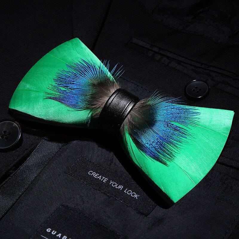 Kid's Blue & Green Novelty Feather Bow Tie with Lapel Pin - Image 2