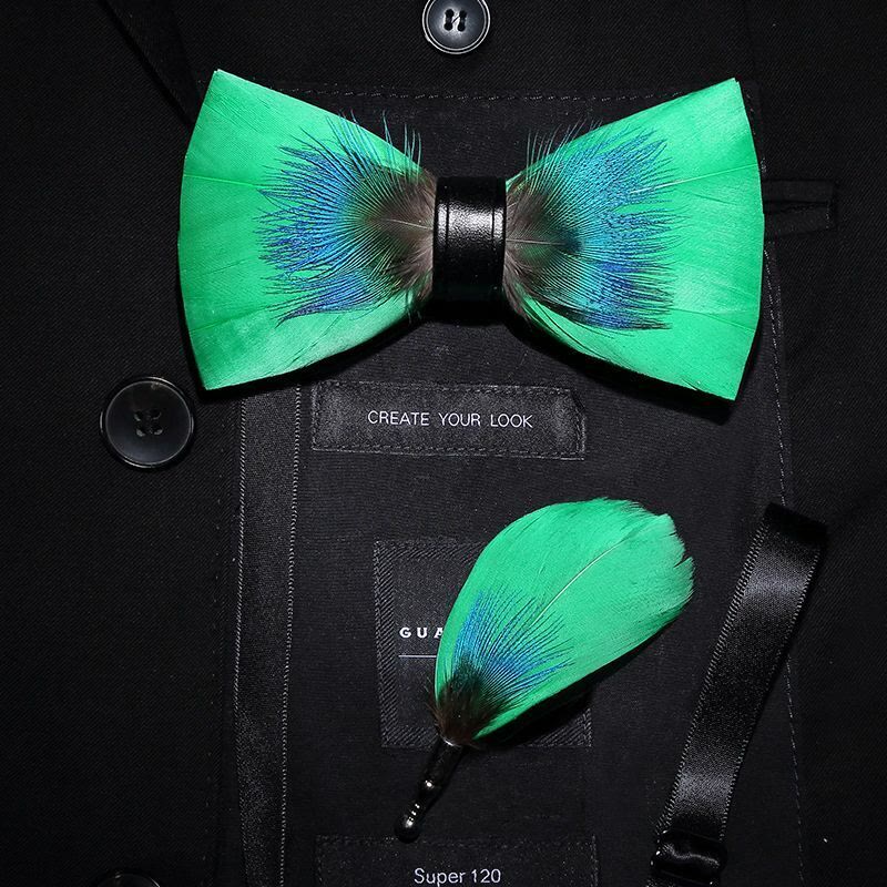 Kid's Blue & Green Novelty Feather Bow Tie with Lapel Pin - Image 3