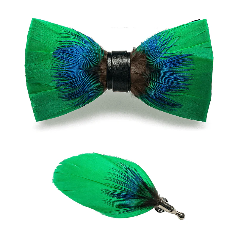Kid's Blue & Green Novelty Feather Bow Tie with Lapel Pin - Image 5