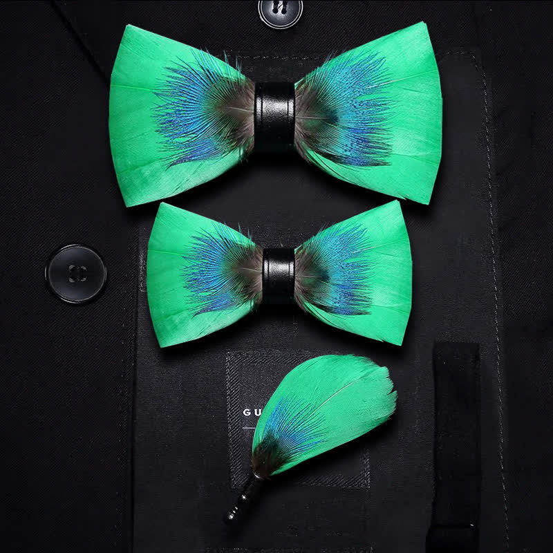 Kid's Blue & Green Novelty Feather Bow Tie with Lapel Pin - Image 6