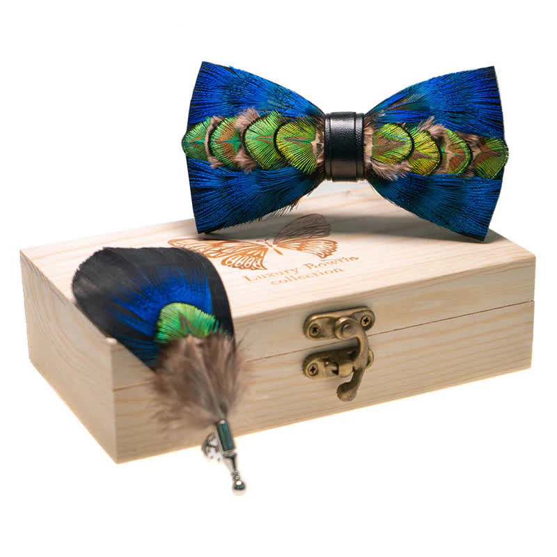 Kid's Blue & Green-yellow Feather Bow Tie with Lapel Pin - Image 2