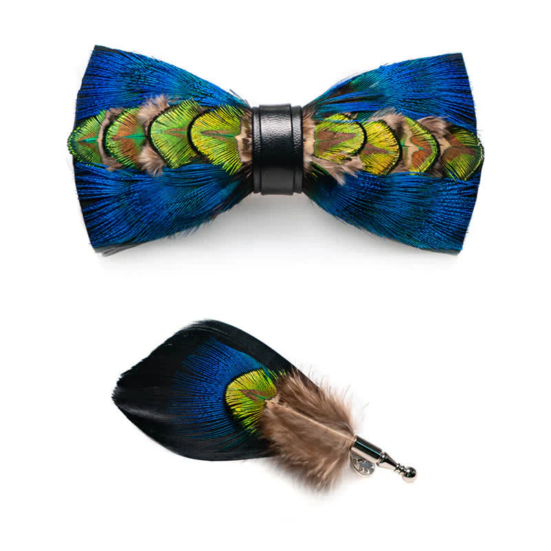 Kid's Blue & Green-yellow Feather Bow Tie with Lapel Pin - Image 4