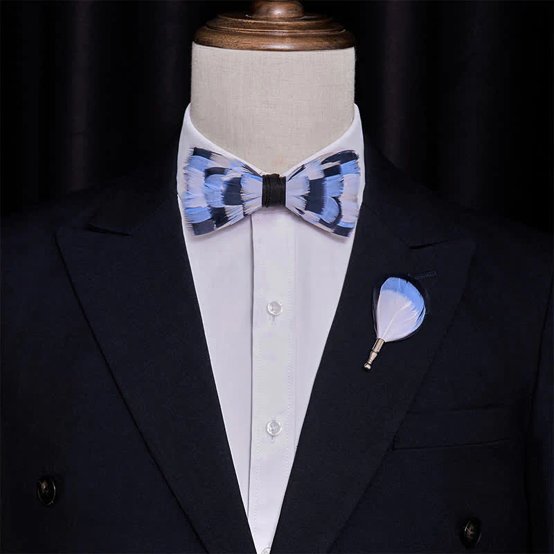 Kid's Blue & White Checkerboard Feather Bow Tie with Lapel Pin - Image 2