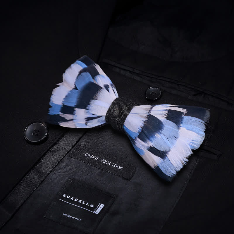 Kid's Blue & White Checkerboard Feather Bow Tie with Lapel Pin - Image 3