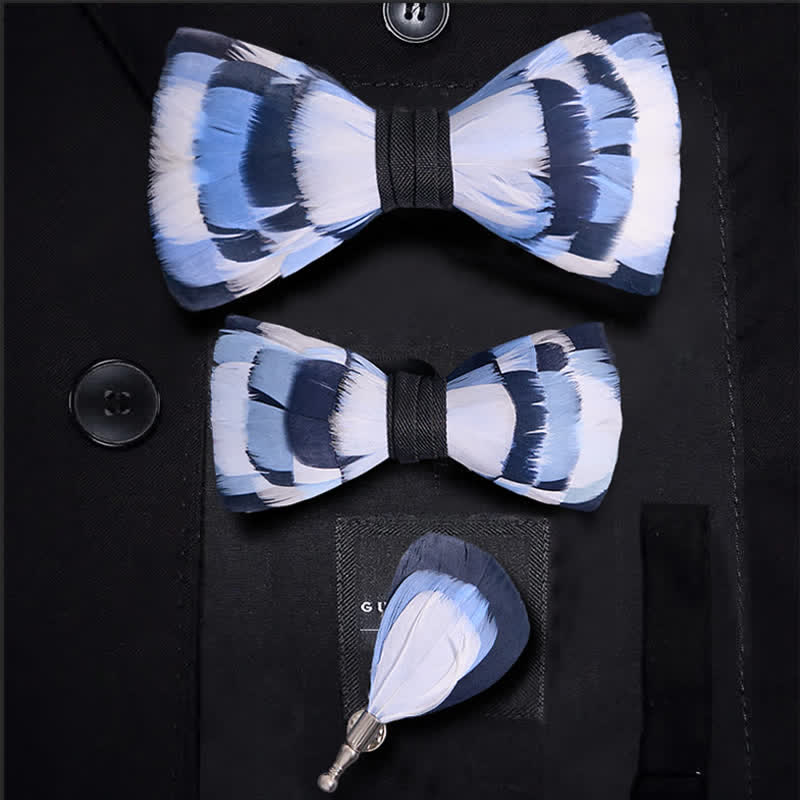 Kid's Blue & White Checkerboard Feather Bow Tie with Lapel Pin - Image 5