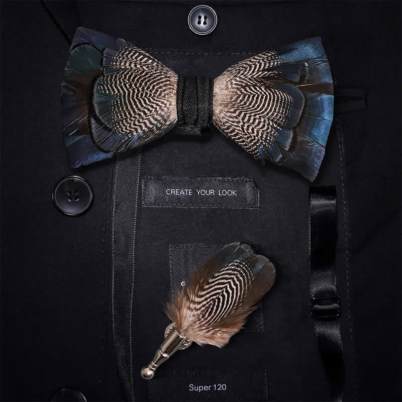 Kid's Blue & White Mallard Duck Feather Bow Tie with Lapel Pin