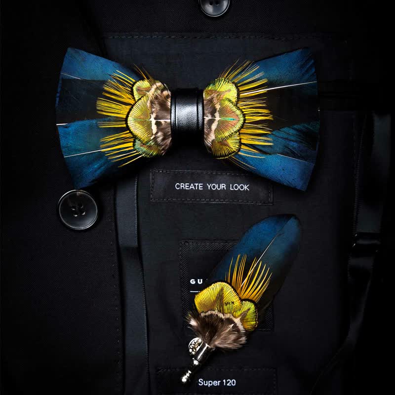 Kid's Blue & Yellow Peacock Feather Bow Tie with Lapel Pin - Image 4
