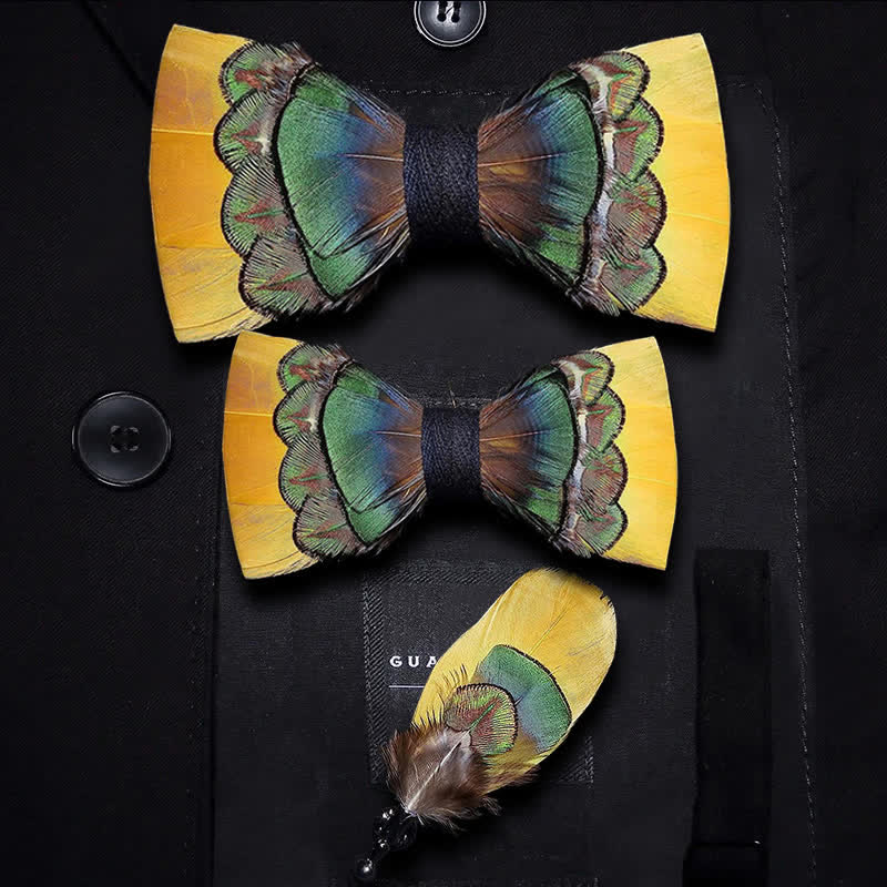 Kid's Bright Yellow & Green Peacock Feather Bow Tie with Lapel Pin - Image 6