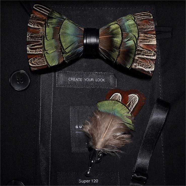 Kid's Brown & Green Forest Retro Feather Bow Tie with Lapel Pin - Image 3
