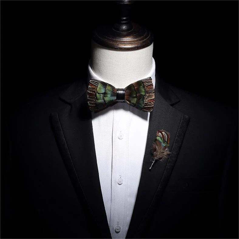 Kid's Brown & Green Forest Retro Feather Bow Tie with Lapel Pin - Image 4
