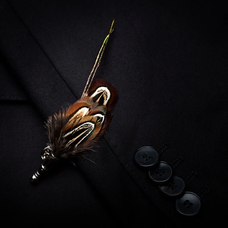 Kid's Brown Pheasant Feather Bow Tie with Lapel Pin - Image 3