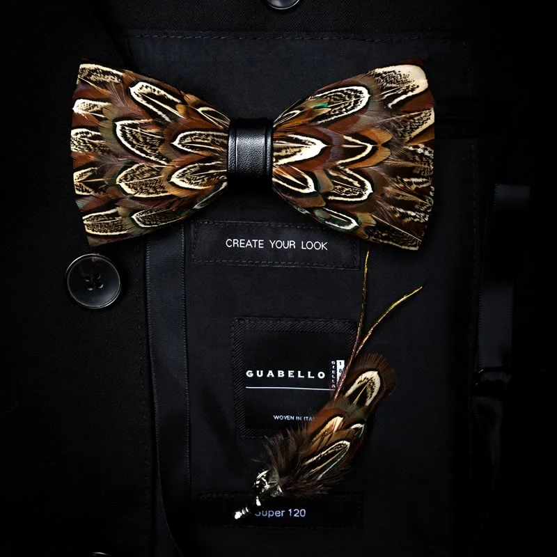 Kid's Brown Pheasant Feather Bow Tie with Lapel Pin - Image 4