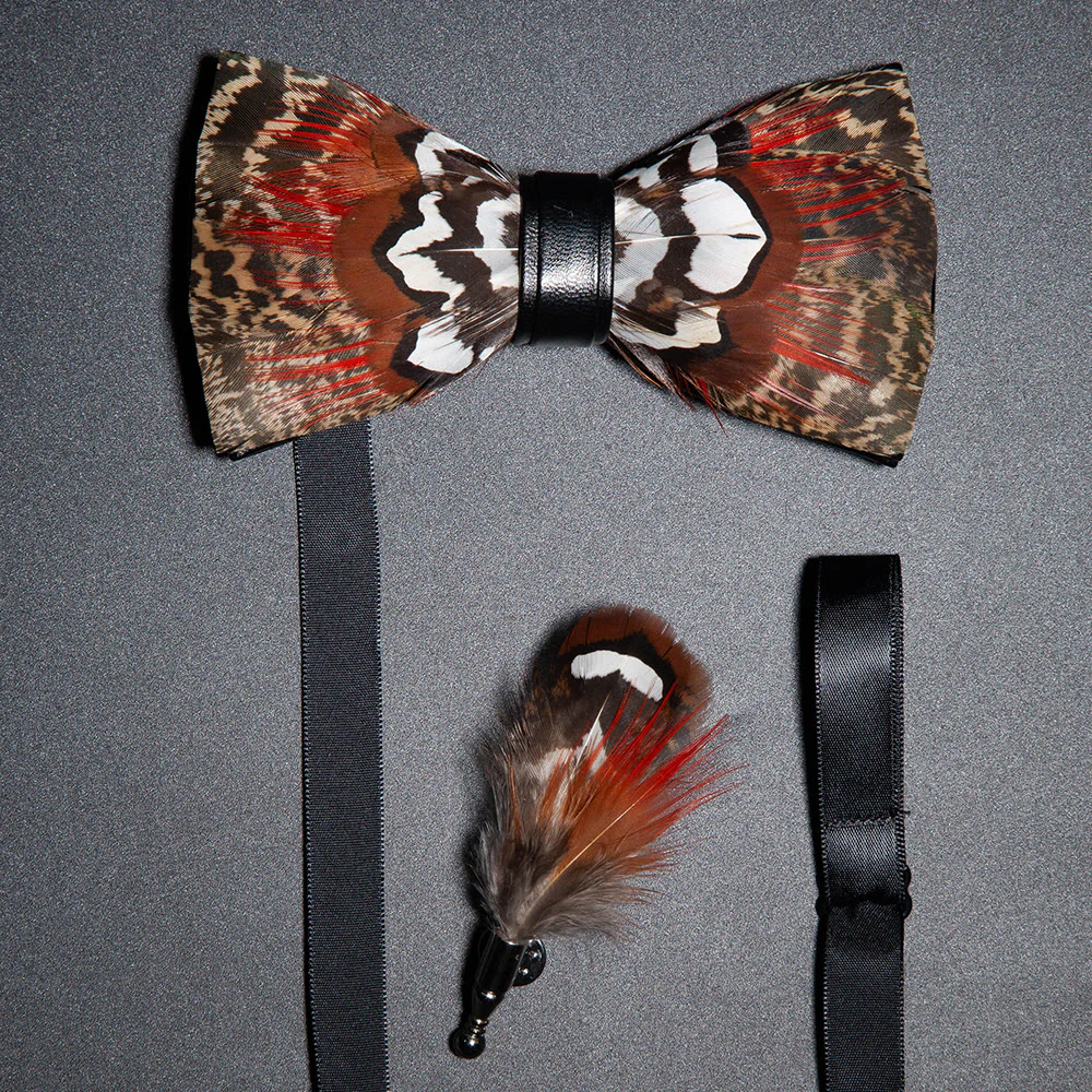 Kid's Brown & Red Feather Bow Tie with Lapel Pin - Image 2
