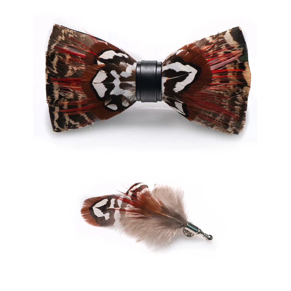 Kid's Brown & Red Feather Bow Tie with Lapel Pin - Image 3