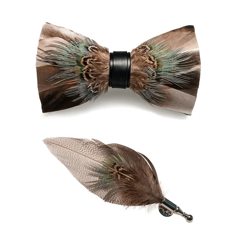 Kid's Brown Rustic Feather Bow Tie with Lapel Pin - Image 5