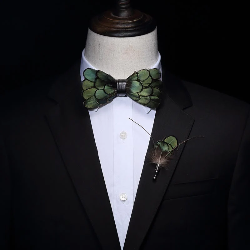 Kid's DarkOliveGreen Classic Feather Bow Tie with Lapel Pin - Image 4