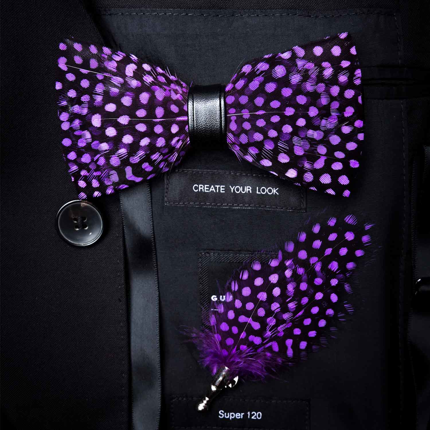 Kid's DarkViolet White Polka Dots Feather Bow Tie with Lapel Pin - Image 4