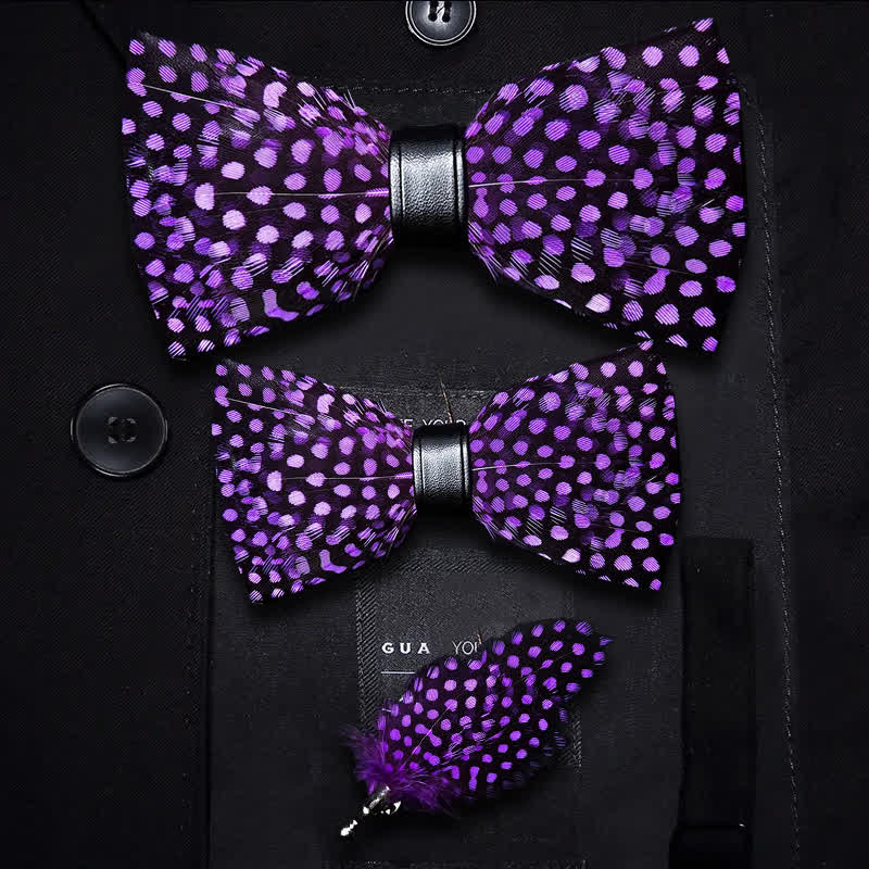 Kid's DarkViolet White Polka Dots Feather Bow Tie with Lapel Pin - Image 5