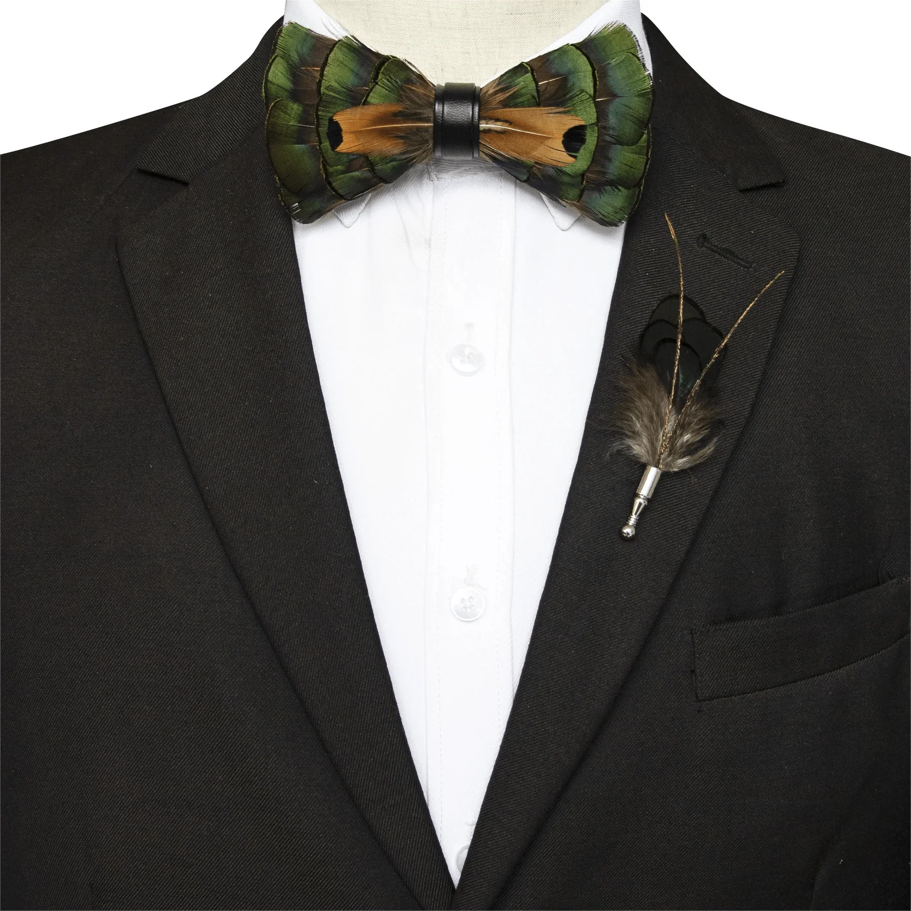 Kid's Emerald Green & Gold Feather Bow Tie with Lapel Pin - Image 5