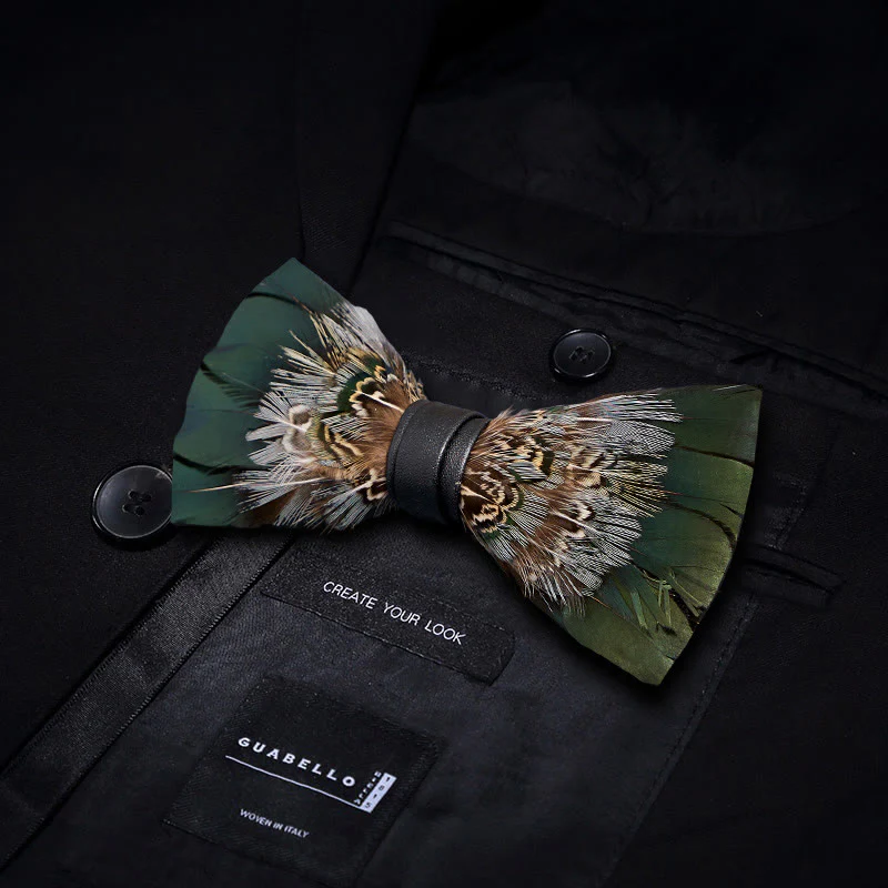 Kid's Forest Green Pheasant Feather Bow Tie with Lapel Pin - Image 3