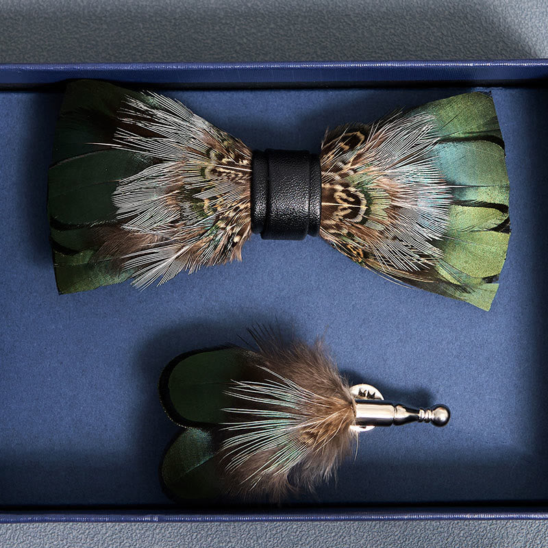 Kid's Forest Green Pheasant Feather Bow Tie with Lapel Pin - Image 4