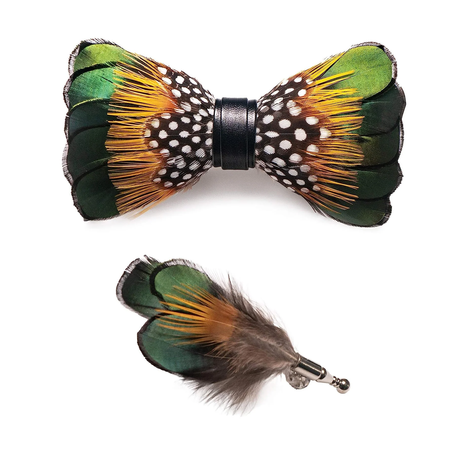 Kid's ForestGreen & Orange Vintage Feather Bow Tie with Lapel Pin - Image 5