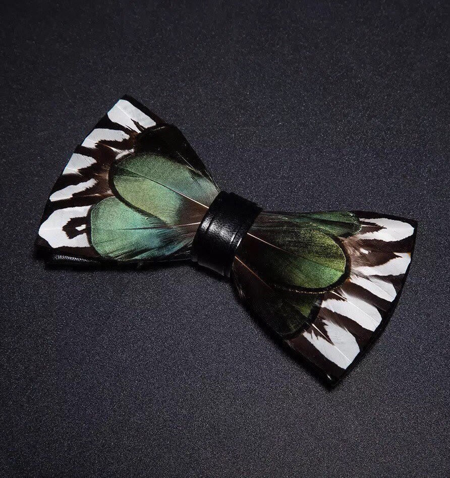 Kid's ForestGreen & White Feather Bow Tie with Lapel Pin - Image 2