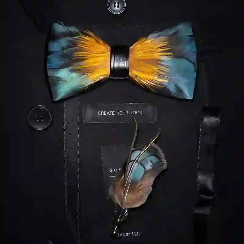 Kid's ForestGreen & Yellow Kingfisher Feather Bow Tie with Lapel Pin - Image 3