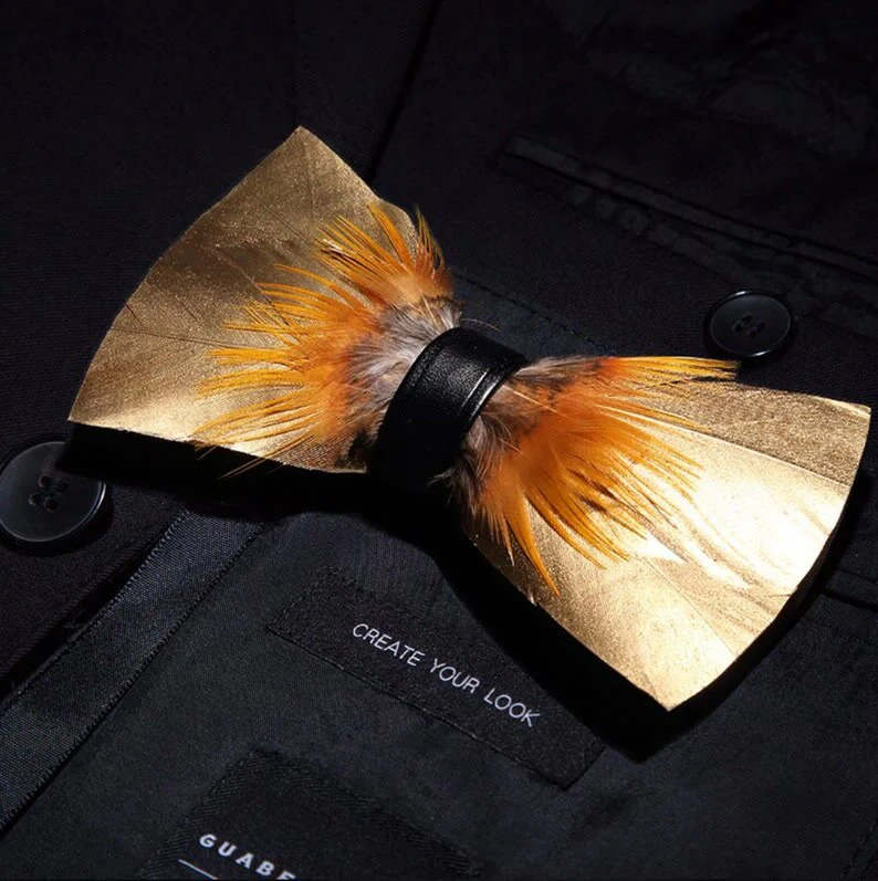 Kid's Gold & Tobacco Feather Bow Tie with Lapel Pin - Image 2