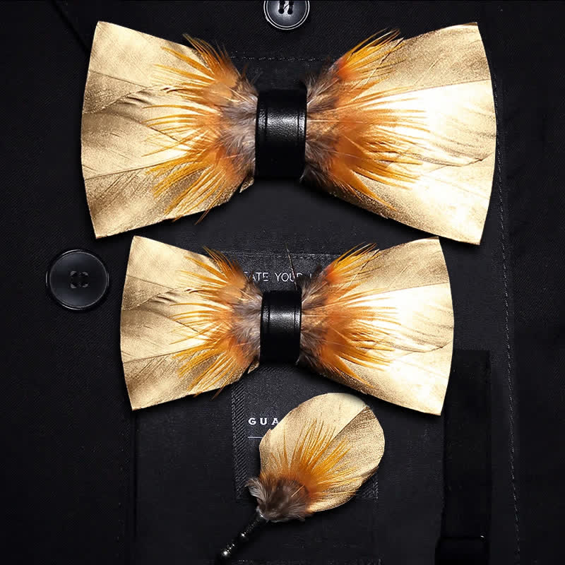 Kid's Gold & Tobacco Feather Bow Tie with Lapel Pin - Image 5