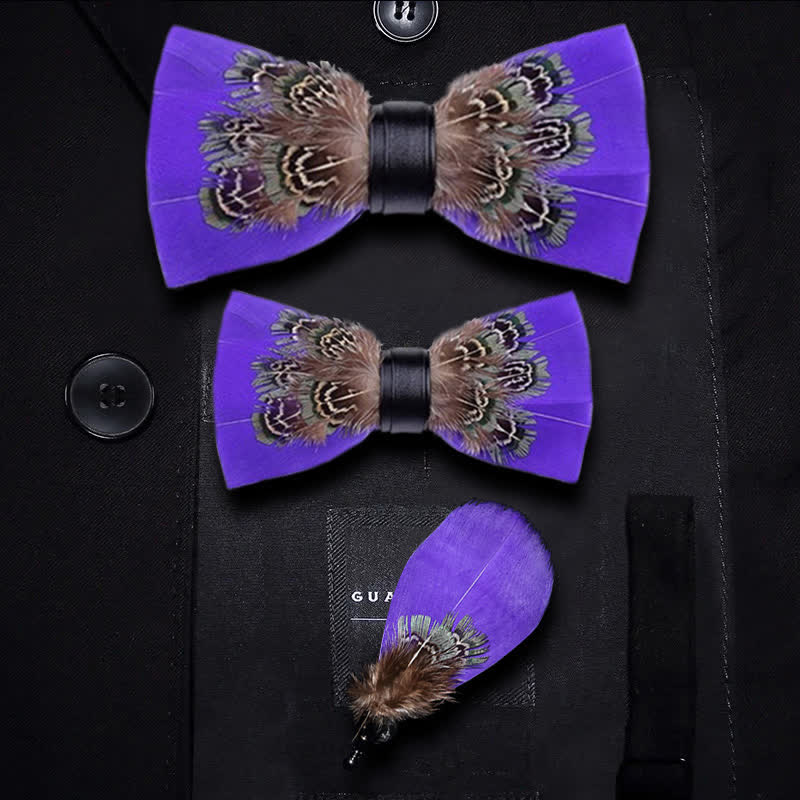 Kid's Graceful Purple Pheasant Feather Bow Tie with Lapel Pin - Image 3